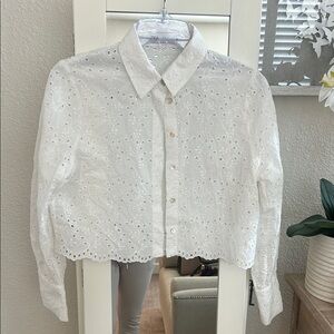 Zara crop White Eyelet Button-Up Blouse